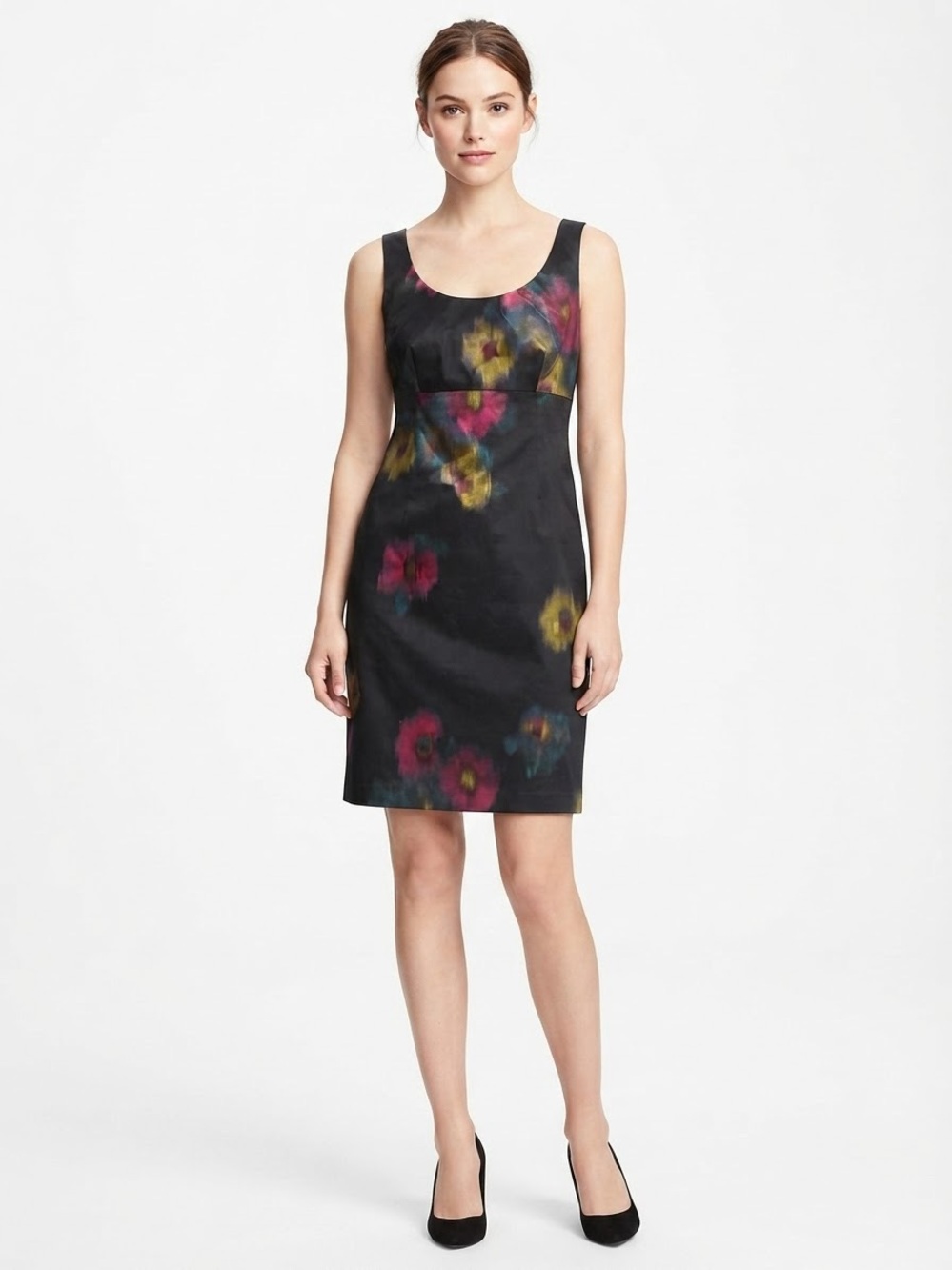 LOFT Black Floral Scoop-Neck Mini Dress with Pink and Yellow Accents